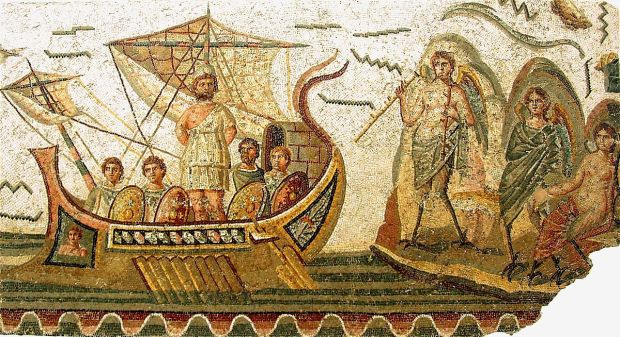 Mosaico romano del siglo II, de Cartago, que representa la escena de Ulises y las sirenas (Museo del Bardo de Túnez, foto de Giorces)